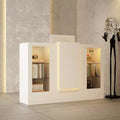 Famapy White Reception Desk Counter Table with Glass Display Shelves and LED
