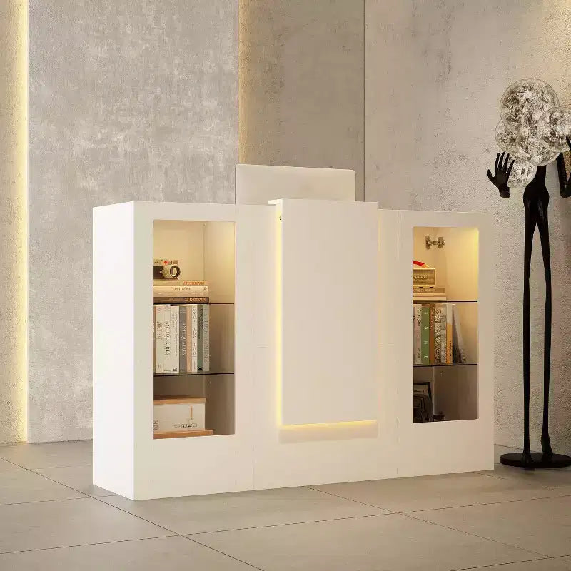 Famapy White Reception Desk Counter Table with Glass Display Shelves and LED