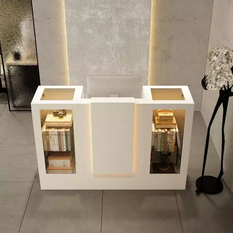 White Reception Desk Counter Table with Glass Display Shelves and LED