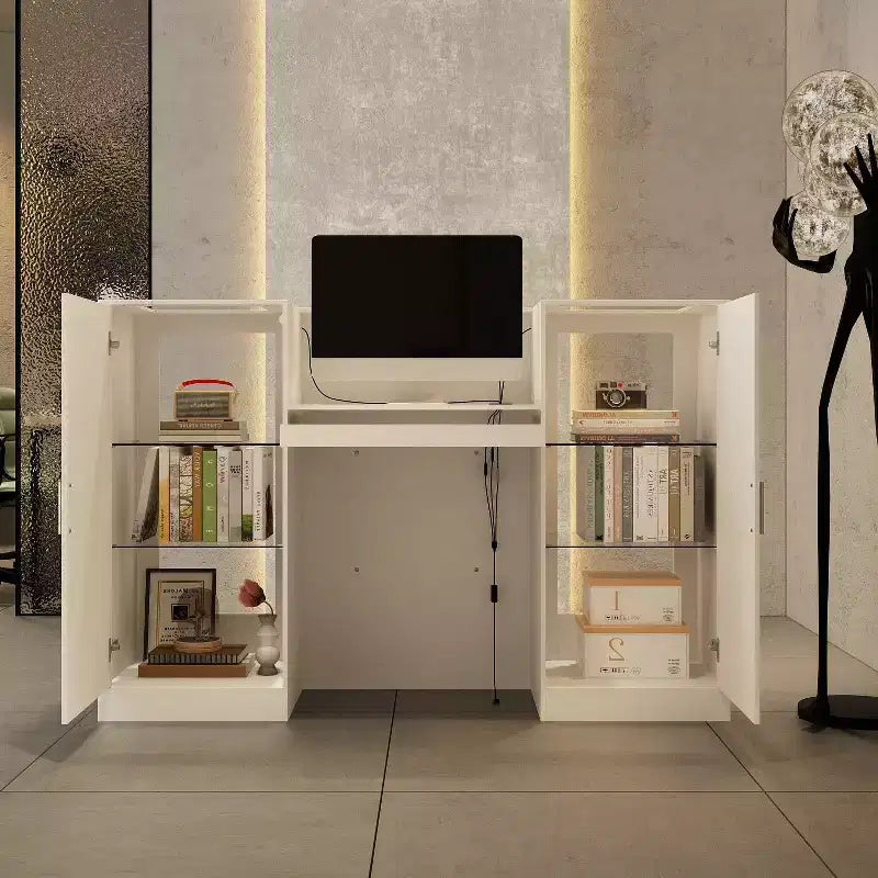 White Reception Desk Counter Table with Glass Display Shelves and LED