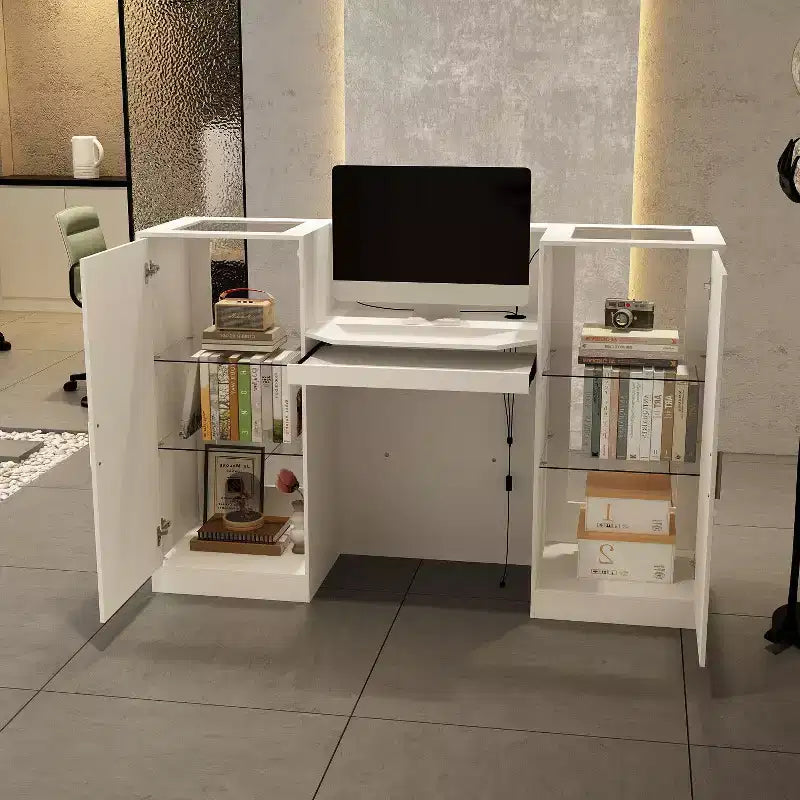 White Reception Desk Counter Table with Glass Display Shelves and LED