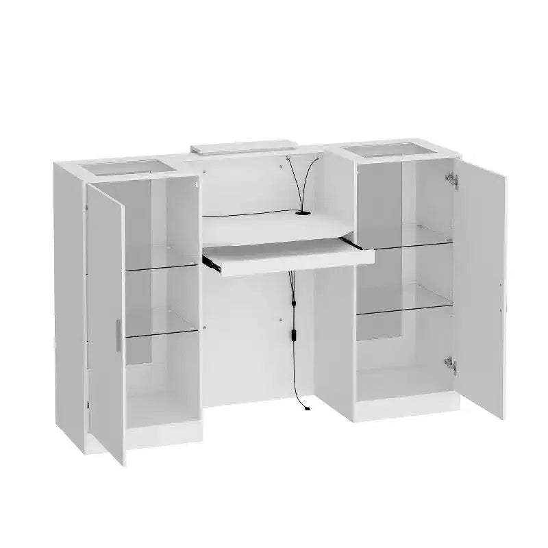 White Reception Desk Counter Table with Glass Display Shelves and LED