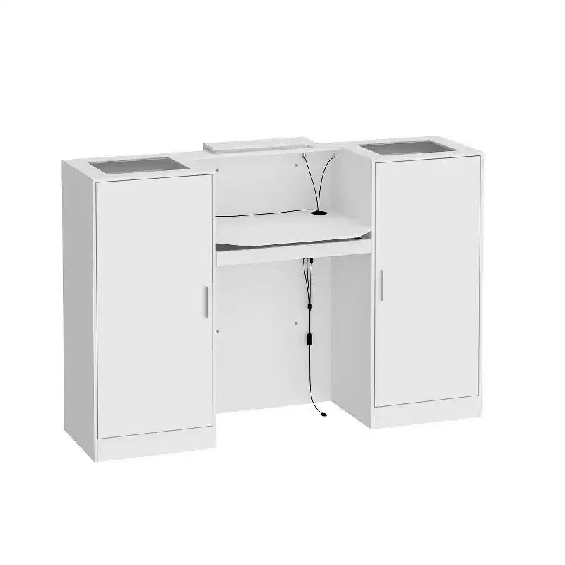 Mostrador de recepción blanco con estantes de exhibición de vidrio e iluminación LED