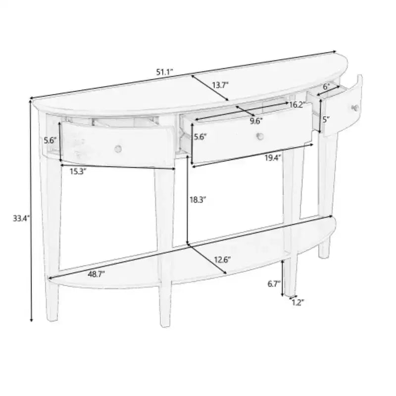 Mesa Consola Curva Moderna Mesa de Sofá con 3 cajones y 1 Estante para Pasillo, Entrada, Sala de Estar