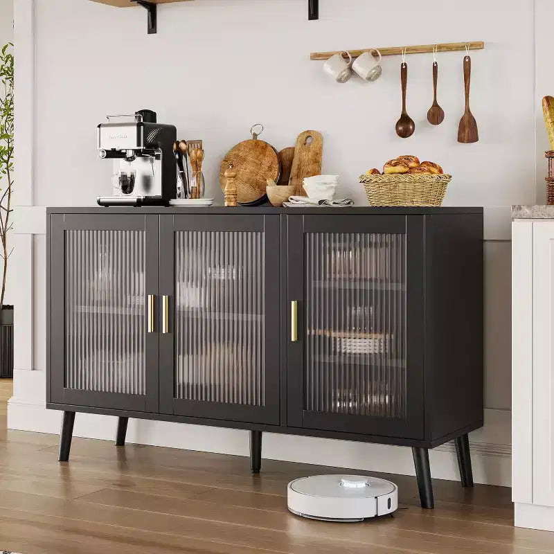 48 Black Buffet Cabinet, Modern Sideboard Kitchen Cabinet with Glass Door and Removable Shelves