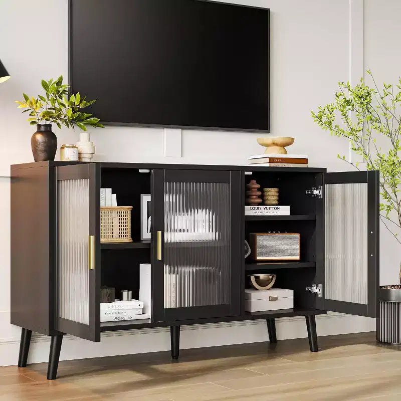 Aparador/Mueble bufé negro de 48", mueble de cocina moderno con puerta de cristal y estantes extraíbles