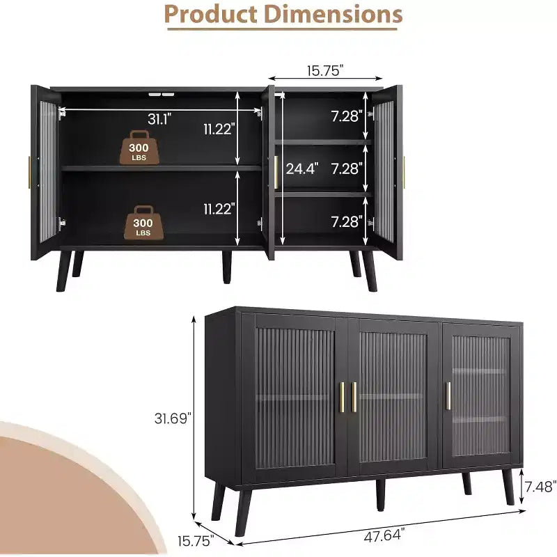 48 Black Buffet Cabinet, Modern Sideboard Kitchen Cabinet with Glass Door and Removable Shelves