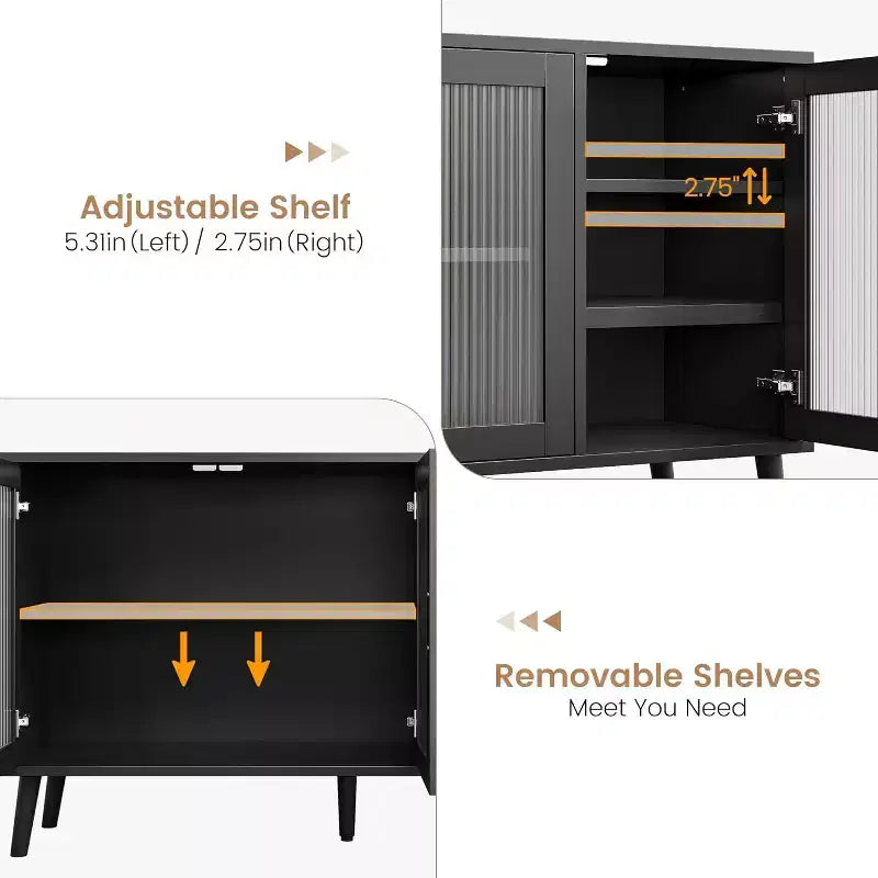 48 Black Buffet Cabinet, Modern Sideboard Kitchen Cabinet with Glass Door and Removable Shelves