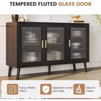 Aparador/Mueble bufé negro de 48", mueble de cocina moderno con puerta de cristal y estantes extraíbles