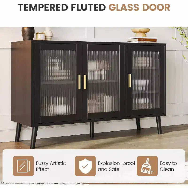 48 Black Buffet Cabinet, Modern Sideboard Kitchen Cabinet with Glass Door and Removable Shelves