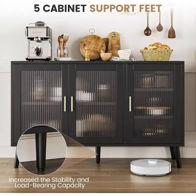 Aparador/Mueble bufé negro de 48", mueble de cocina moderno con puerta de cristal y estantes extraíbles