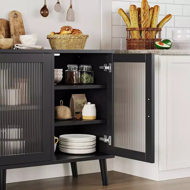 Aparador/Mueble bufé negro de 48", mueble de cocina moderno con puerta de cristal y estantes extraíbles