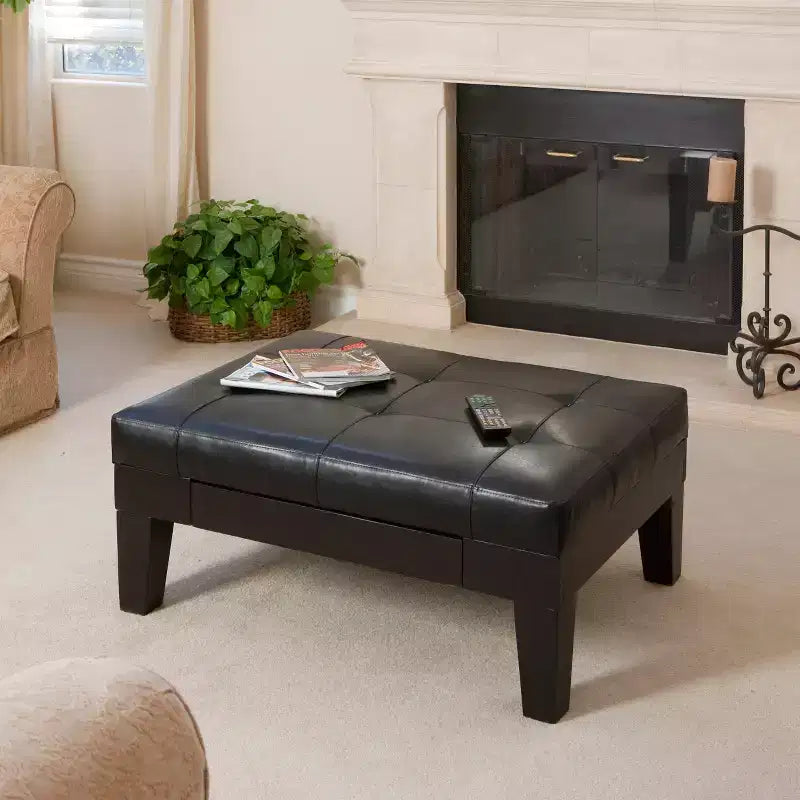 Contemporary Faux Leather and Pine Wood Storage Ottoman