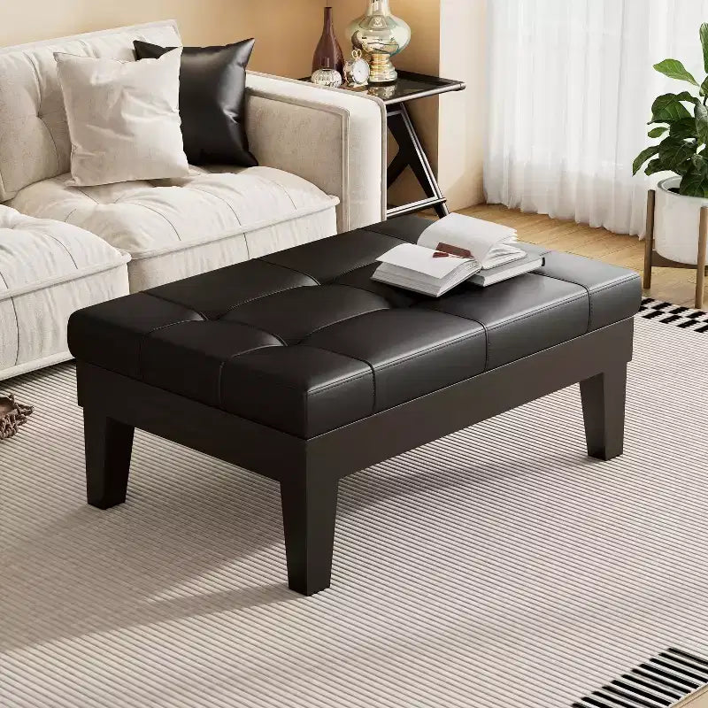 Contemporary Faux Leather and Pine Wood Storage Ottoman