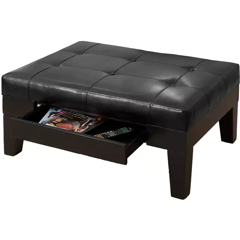 Contemporary Faux Leather and Pine Wood Storage Ottoman