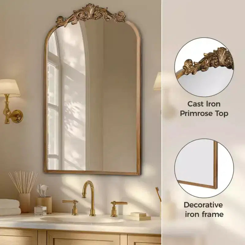Gold Vintage Wall Mirror with Ornate Baroque Frame - Arched Antique Design for Elegant Decoration