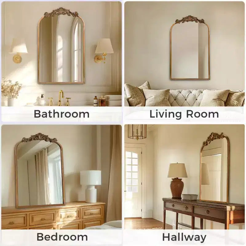 Gold Vintage Wall Mirror with Ornate Baroque Frame - Arched Antique Design for Elegant Decoration