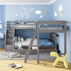 Litera en forma de L con diseño elegante, de dos camas sobre una matrimonial, con 3 cajones, escalera y escalera de mano