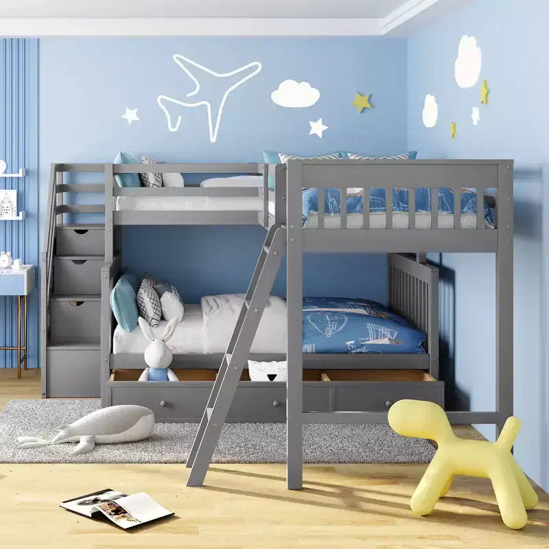 Litera en forma de L con diseño elegante, de dos camas sobre una matrimonial, con 3 cajones, escalera y escalera de mano