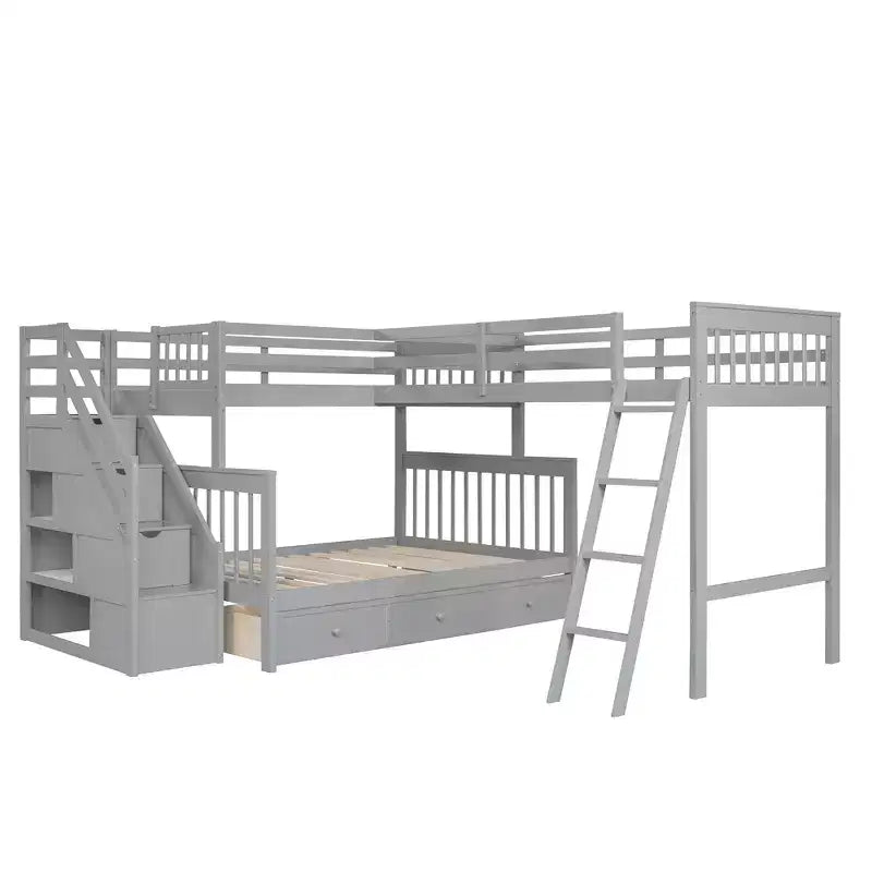 Litera en forma de L con diseño elegante, de dos camas sobre una matrimonial, con 3 cajones, escalera y escalera de mano