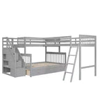 Litera en forma de L con diseño elegante, de dos camas sobre una matrimonial, con 3 cajones, escalera y escalera de mano