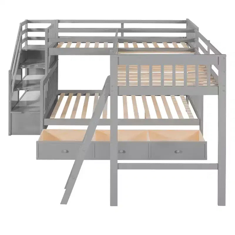 Litera en forma de L con diseño elegante, de dos camas sobre una matrimonial, con 3 cajones, escalera y escalera de mano