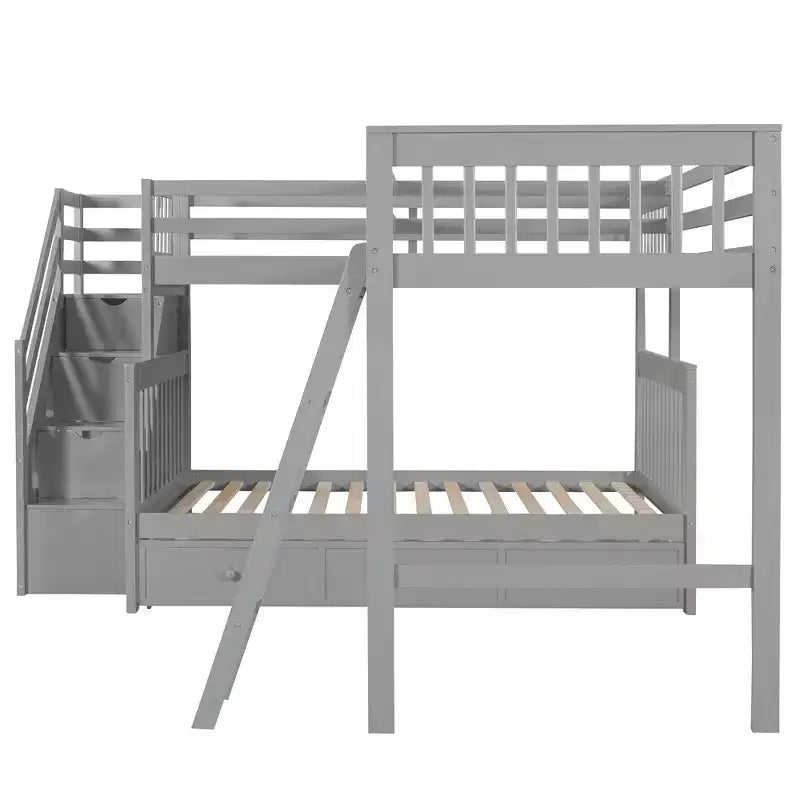 Litera en forma de L con diseño elegante, de dos camas sobre una matrimonial, con 3 cajones, escalera y escalera de mano