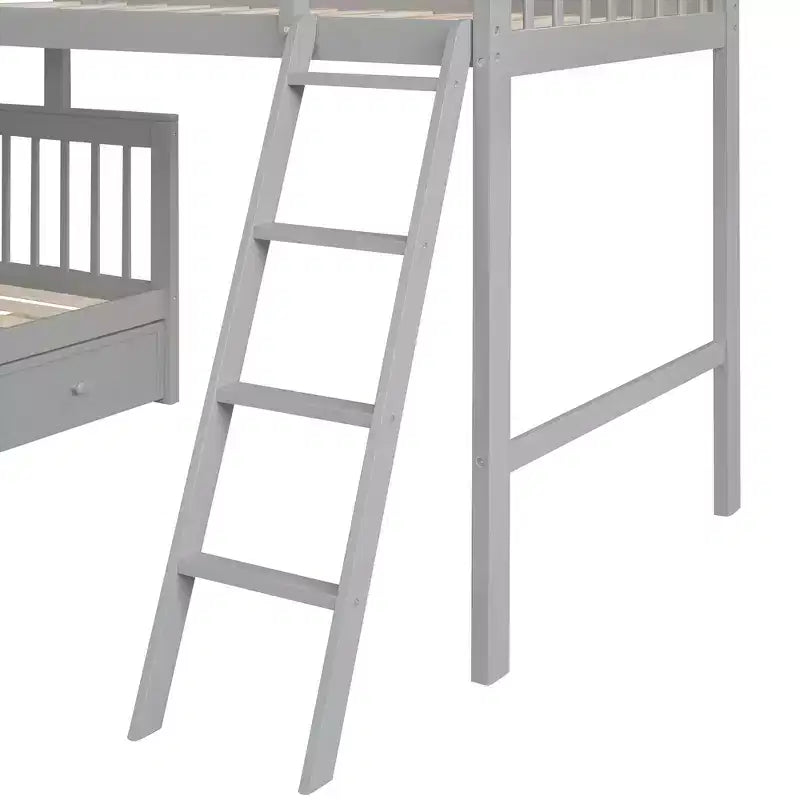 Litera en forma de L con diseño elegante, de dos camas sobre una matrimonial, con 3 cajones, escalera y escalera de mano