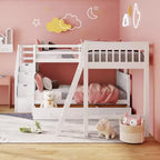 Litera en forma de L con diseño elegante, de dos camas sobre una matrimonial, con 3 cajones, escalera y escalera de mano