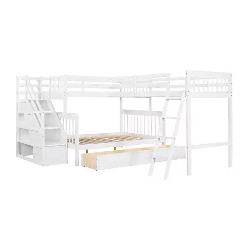 Litera en forma de L con diseño elegante, de dos camas sobre una matrimonial, con 3 cajones, escalera y escalera de mano