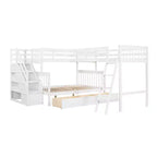 Litera en forma de L con diseño elegante, de dos camas sobre una matrimonial, con 3 cajones, escalera y escalera de mano