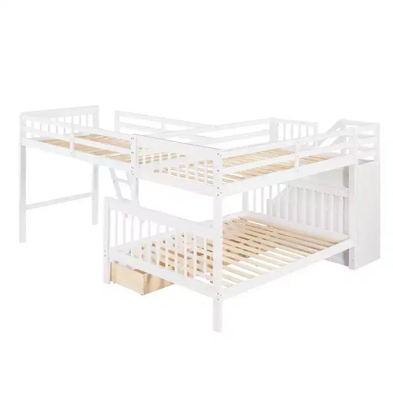 Litera en forma de L con diseño elegante, de dos camas sobre una matrimonial, con 3 cajones, escalera y escalera de mano
