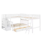 Litera en forma de L con diseño elegante, de dos camas sobre una matrimonial, con 3 cajones, escalera y escalera de mano