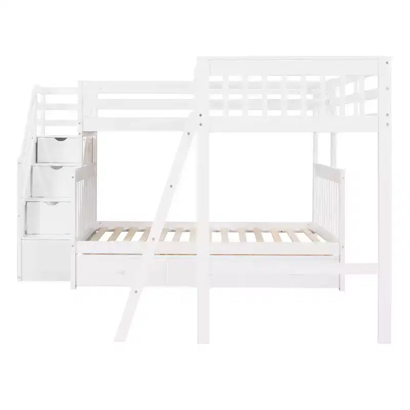 Litera en forma de L con diseño elegante, de dos camas sobre una matrimonial, con 3 cajones, escalera y escalera de mano