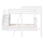 Litera en forma de L con diseño elegante, de dos camas sobre una matrimonial, con 3 cajones, escalera y escalera de mano