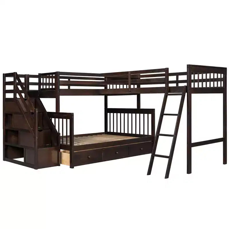 Litera en forma de L con diseño elegante, de dos camas sobre una matrimonial, con 3 cajones, escalera y escalera de mano