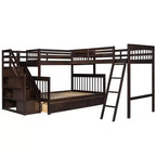 Litera en forma de L con diseño elegante, de dos camas sobre una matrimonial, con 3 cajones, escalera y escalera de mano
