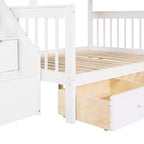 Litera en forma de L con diseño elegante, de dos camas sobre una matrimonial, con 3 cajones, escalera y escalera de mano