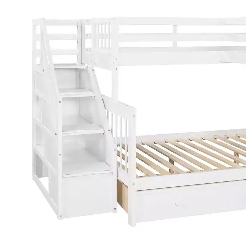 Litera en forma de L con diseño elegante, de dos camas sobre una matrimonial, con 3 cajones, escalera y escalera de mano
