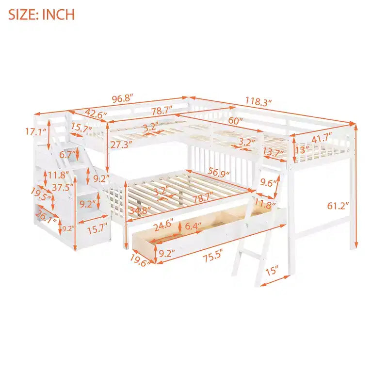 Litera en forma de L con diseño elegante, de dos camas sobre una matrimonial, con 3 cajones, escalera y escalera de mano