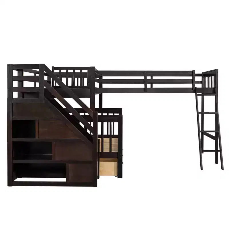 Litera en forma de L con diseño elegante, de dos camas sobre una matrimonial, con 3 cajones, escalera y escalera de mano