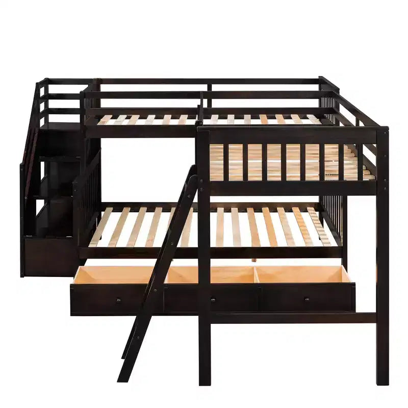Litera en forma de L con diseño elegante, de dos camas sobre una matrimonial, con 3 cajones, escalera y escalera de mano