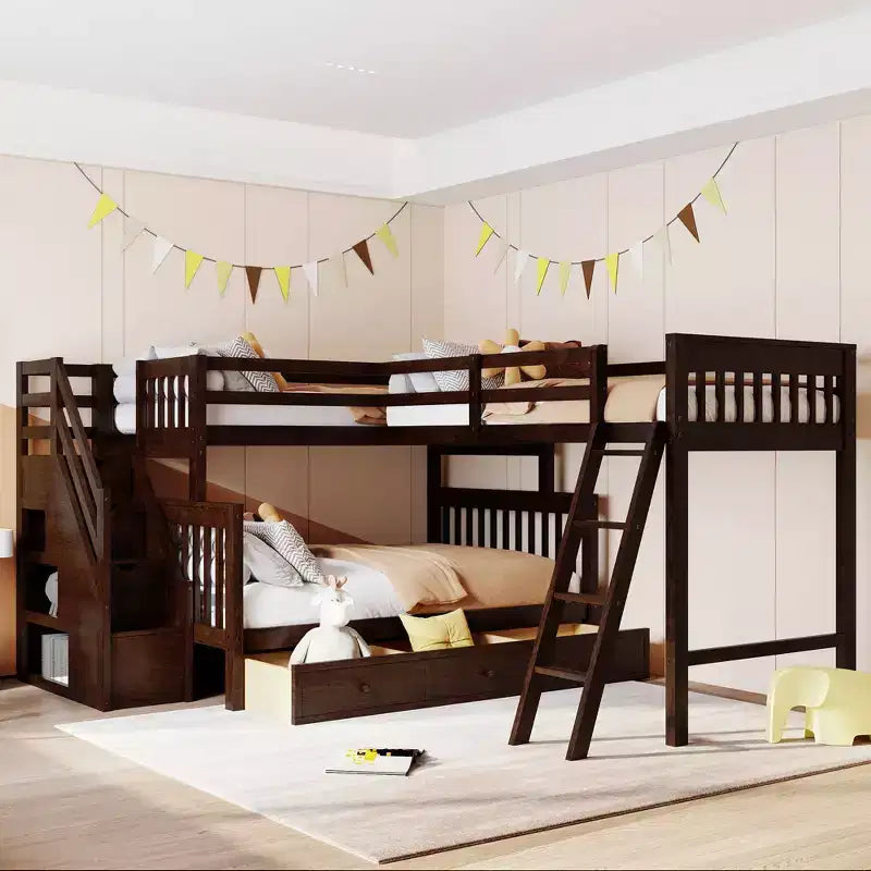 Whisen Stylish Design Twin over Full L-Shaped Bunk Bed With 3 Drawers, Ladder and Staircase