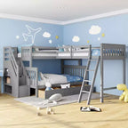 Litera en forma de L con diseño elegante, de dos camas sobre una matrimonial, con 3 cajones, escalera y escalera de mano