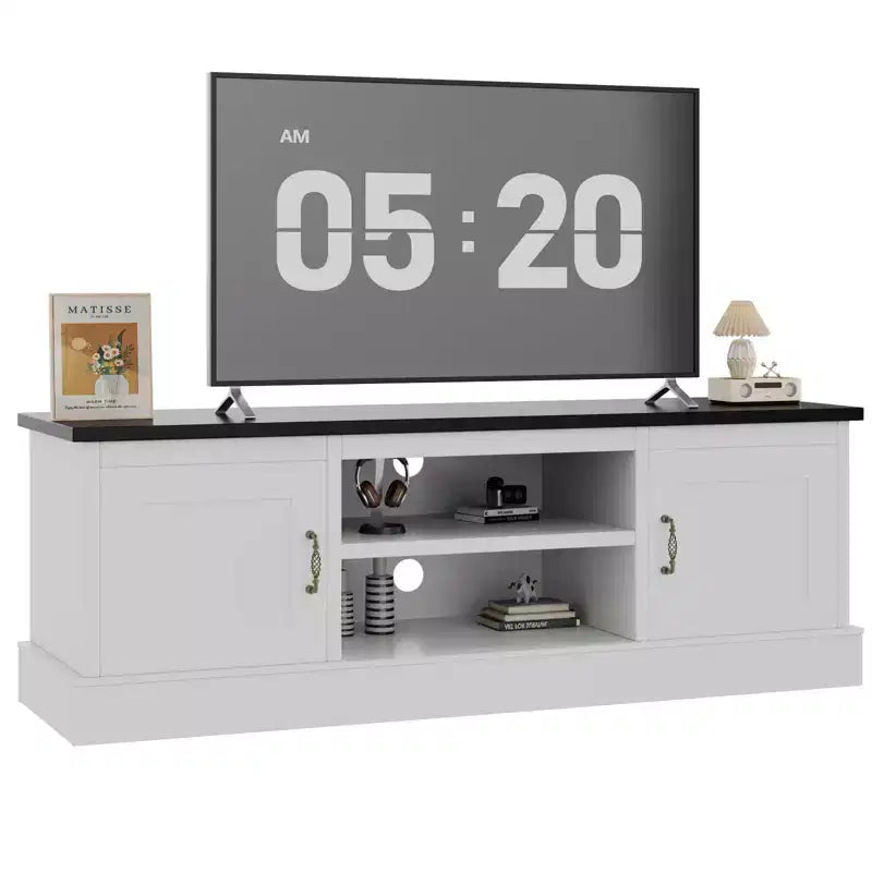 Mueble de TV estilo rústico para televisores de 65 pulgadas, consola multimedia, centro de entretenimiento para sala de estar u oficina con 2 armarios de almacenamiento y estantes abiertos