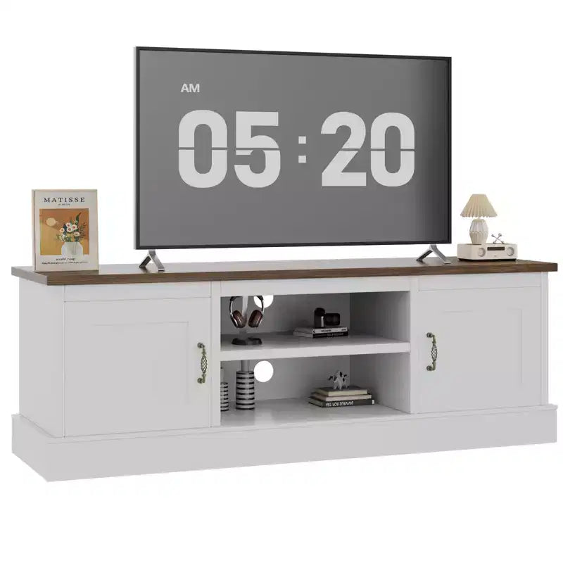 Mueble de TV estilo rústico para televisores de 65 pulgadas, consola multimedia, centro de entretenimiento para sala de estar u oficina con 2 armarios de almacenamiento y estantes abiertos