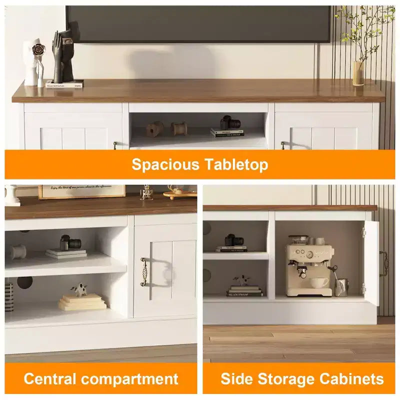 Mueble de TV estilo rústico para televisores de 65 pulgadas, consola multimedia, centro de entretenimiento para sala de estar u oficina con 2 armarios de almacenamiento y estantes abiertos
