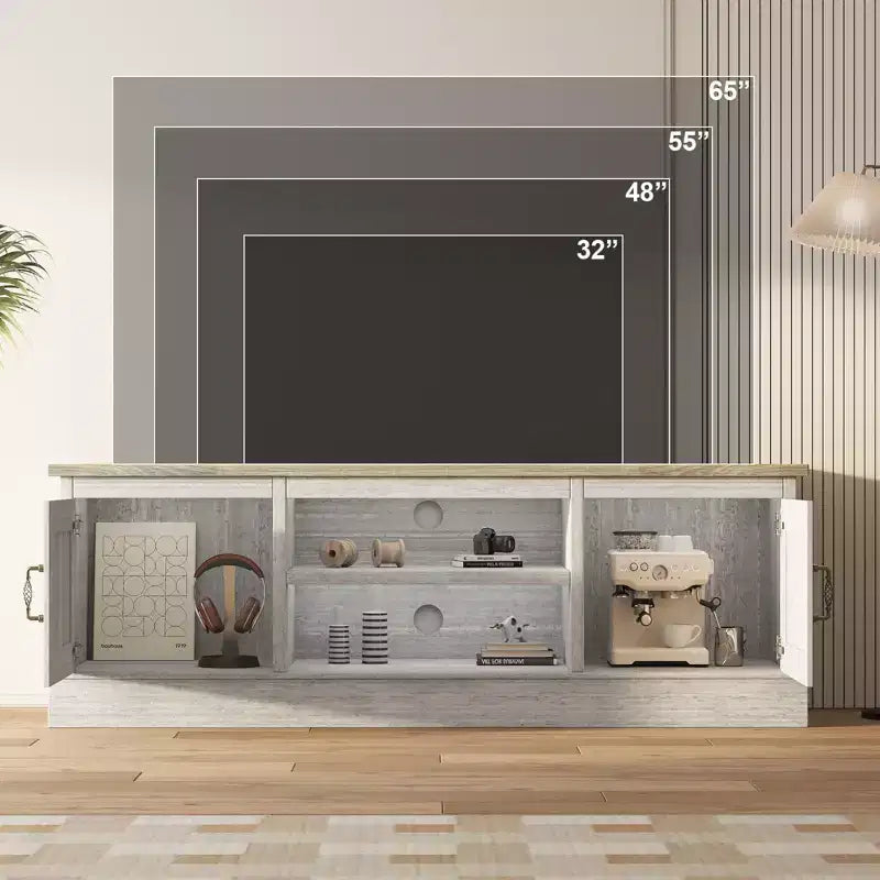 Farmhouse TV Stand for 65 Inch TVs, Media Console, Living Room or Office Entertainment Center with 2 Storage Cabinets and Open Shelves