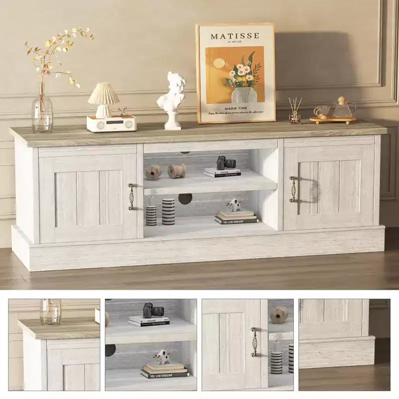 Farmhouse TV Stand for 65 Inch TVs, Media Console, Living Room or Office Entertainment Center with 2 Storage Cabinets and Open Shelves