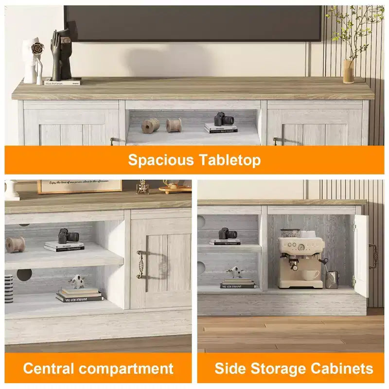 Farmhouse TV Stand for 65 Inch TVs, Media Console, Living Room or Office Entertainment Center with 2 Storage Cabinets and Open Shelves